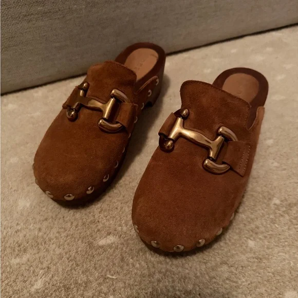Boden Brown Suede Studded Clog Mules with Gold Bit - Picture 4 of 5